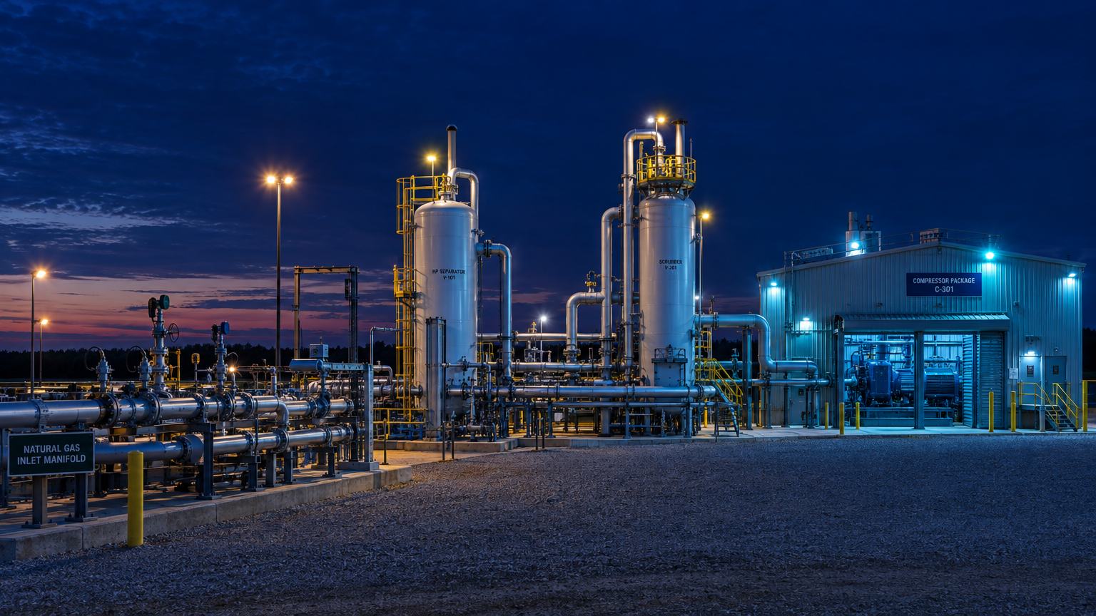 Aerial view of a natural gas processing facility with separation vessels and compressor buildings